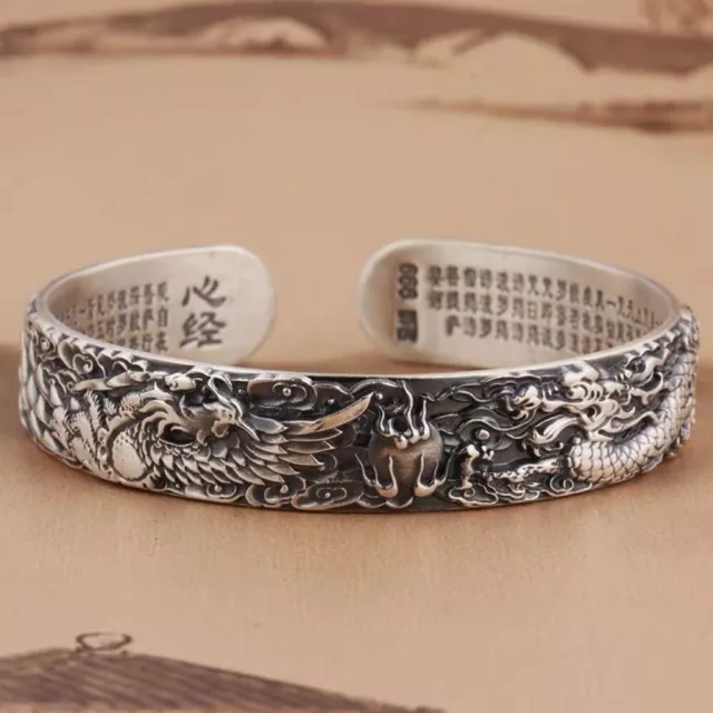 Old Chinese Tibet silver handcarved Dragon Phoenix Bracelet 490
