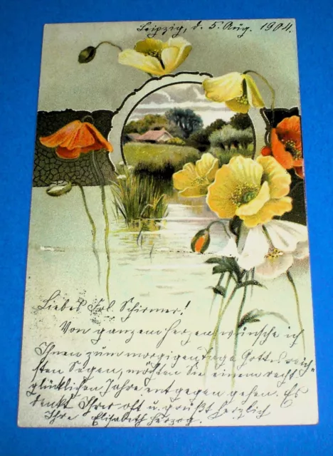 AK alte Postkarte Motiv Geburtstag Glückwunsch 1904 Litho, Jugendstil Blumen