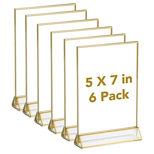 Acrylic Sign Holders with Golden Border, Portrait View, Pack of 6 | 5x7