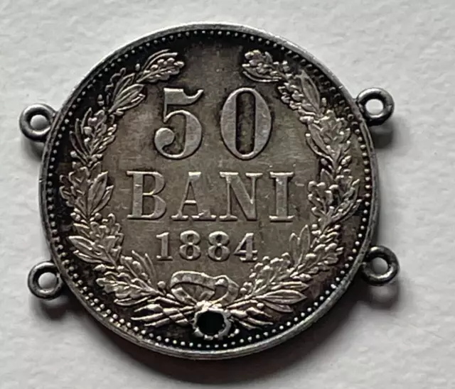 1884 Romania 50 Bani - Carol I .835 Silver Rare Coin Holed Ex Jewellery
