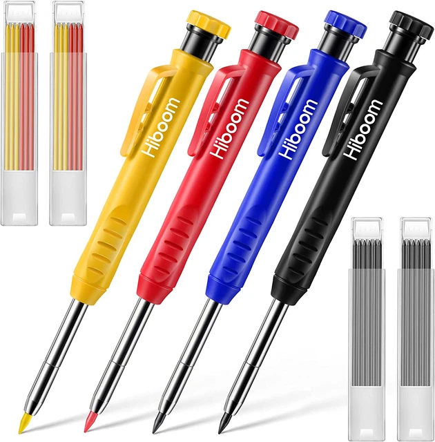 4 Pcs Mechanical Carpenter Pencils with 28 Pcs Refills, Deep Hole Marker Set Bui