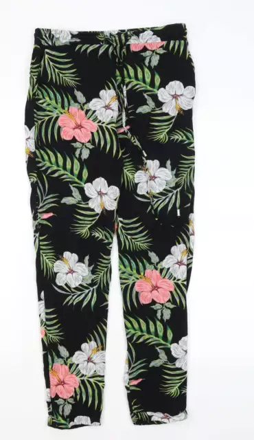Primark Womens Black Floral Viscose Capri Trousers Size 8 L25 in Regular