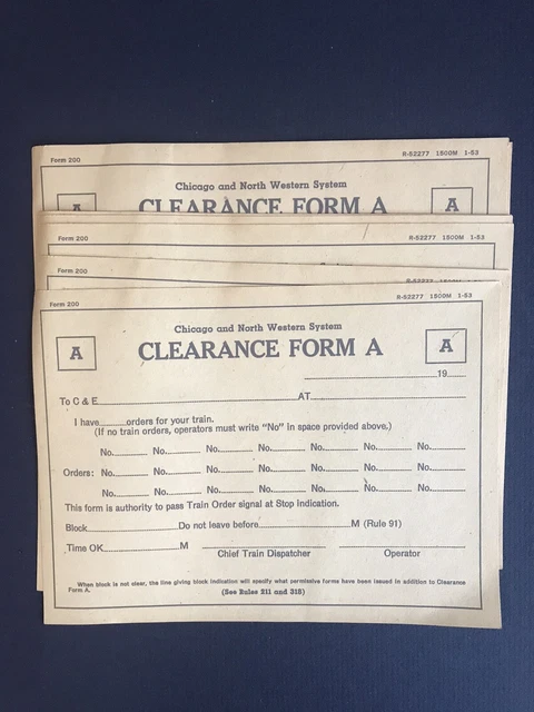 Chicago and Northwestern Form 200 Clearance form A Lot of (8) Print date 1953