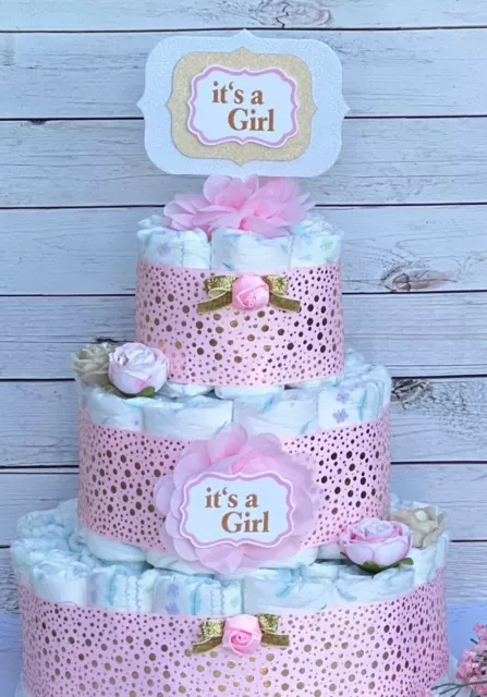 3 Tier It's A Girl Pink Gold Princess Diaper Cake Baby Shower Girl 2