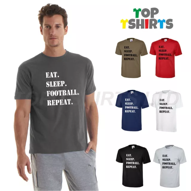 T-shirt top EAT SLEEP FOOTBALL REPEAT divertente da uomo footie fan Premier League TOP