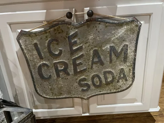 Ice Cream Soda Sign 26”x 20” Embossed Stamped Letters Antique Finish Rusted