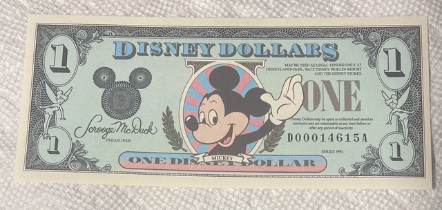 1990-DA Block. $1 Disney Dollar. Disney World CU. From Original Pack.
