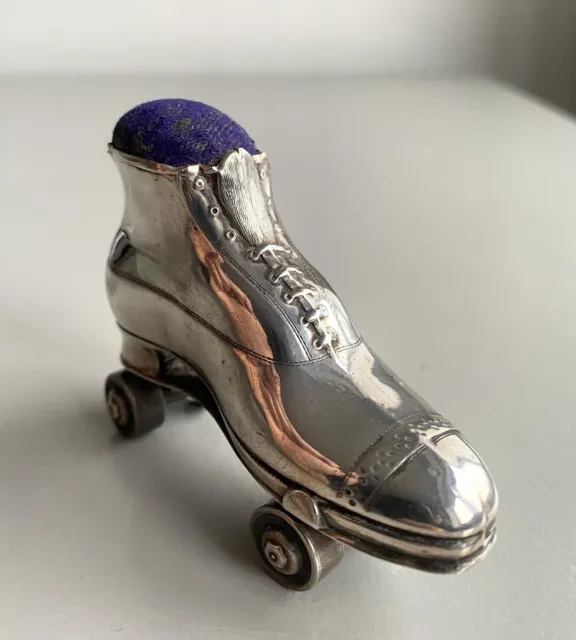 Rare Antique Edwardian Novelty Silver Roller Skate Pin Cushion 1909