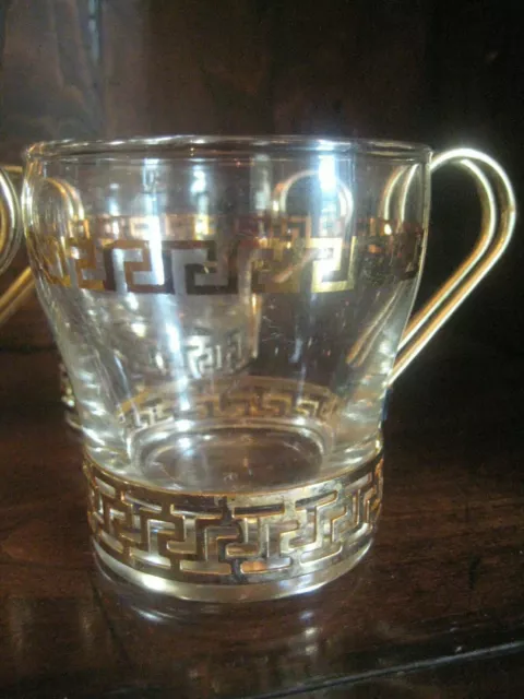 Vintage LIBBEY Glass Coffee CUPS Hot/Cold Set of 6 MCM Greek Key Gold Handle