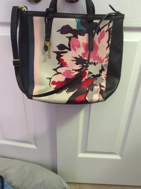FOSSIL Camilla Small Backpack Black Floral Leather Tote - Medium in Size