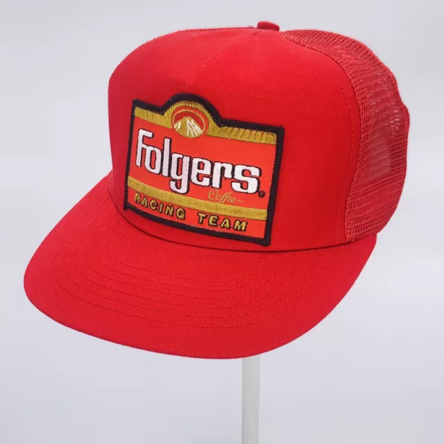 Vintage 80s NACAR Folgers Coffee Racing Team Patch Mesh Trucker Snapback Hat Cap 2