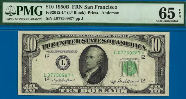 1950B $10 Federal Reserve Note PMG 65EPQ gem San Francisco star Fr 2013-L*