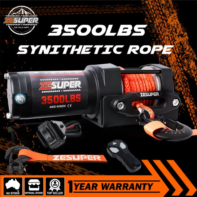 ZESUPER Electric Winch 12V 3500LBS Wireless Remote Synthetic Rope ATV 4WD Boat