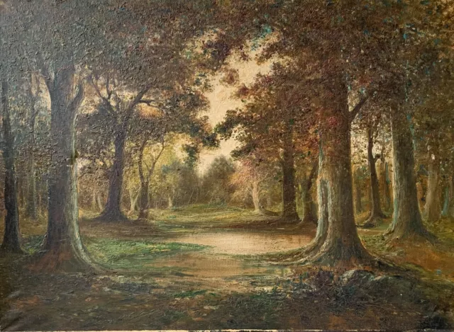 Ölbild Wald Landschaft mit Bäumen Eichen Buchen F. Hübner signiert 71,3 x 98 cm