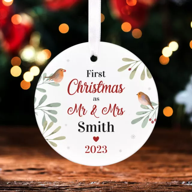 First Christmas As Mr And Mrs Married Personalised Ceramic Bauble With Red Bag