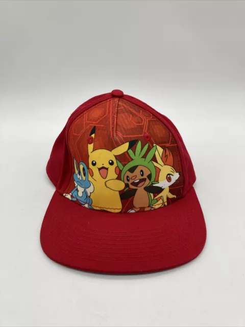 Pokemon Youth OSFM Red Hat Cap Flat Bill Pikachu Froakie Chespin Fennekin