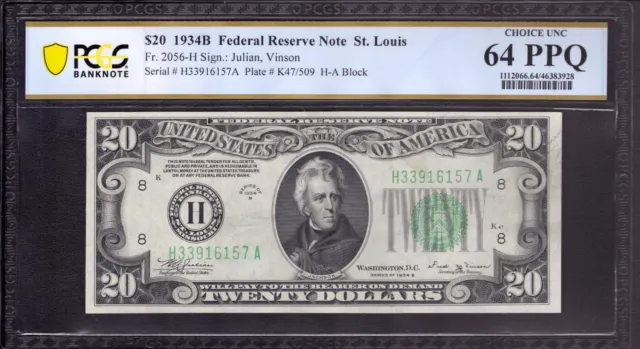 1934 B $20 Federal Reserve Note St. Louis Fr.2056-H Pcgs B Choice Unc Cu 64 Ppq