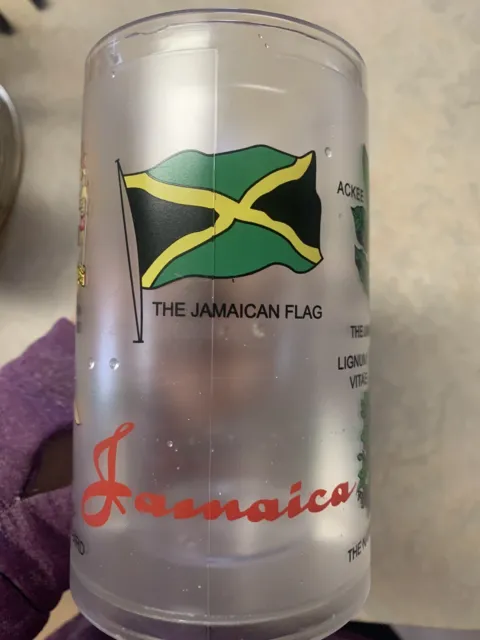 Jamaica Plastic Mug with flag, fruit, flower, bird and Coat of Arms.