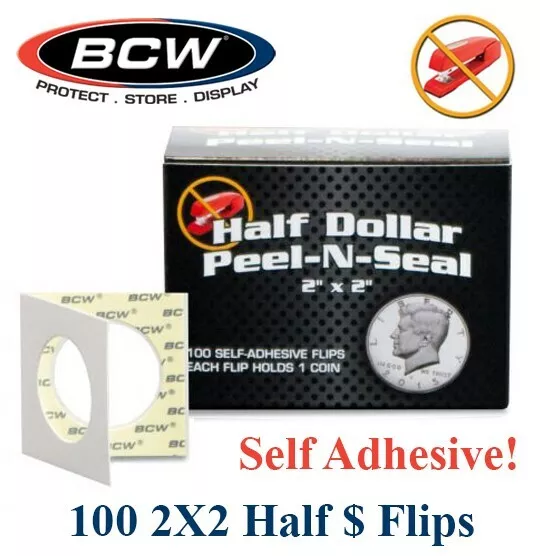 100 BCW Peel N Seal Self Adhesive 2x2 Half Dollar Coin Flip Holders 31.2mm Mylar