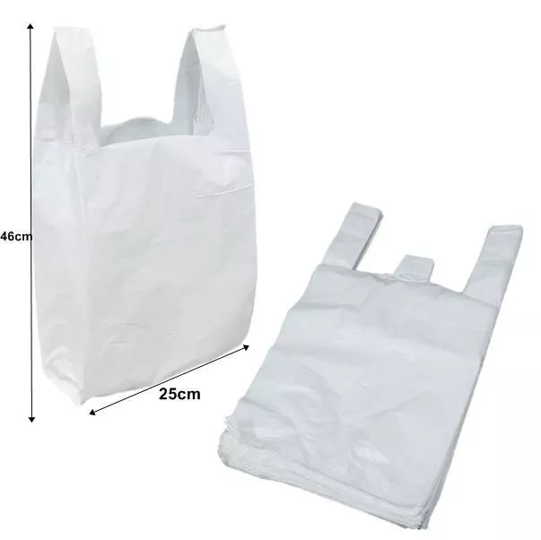 100 Plastic Vest Carrier Bags Plain White 8X13X18" - Supermarkets Stalls Shops