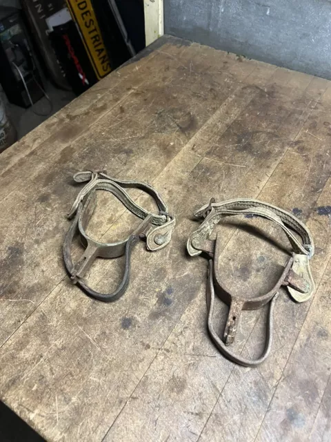 Antique Old Rare Western Cowboy Cast Iron Boot Spurs Leather Straps Set Pair USA