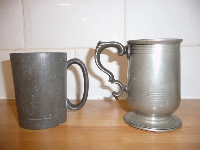 2X Vintage Antique Pewter Tankards Stamped 1/2 Pint Scroll Handle Heavy Simple