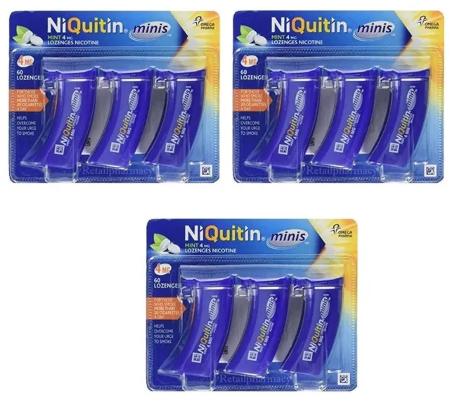 NiQuitin Minis Mint 4mg Lozenges - 60 Mint Lozenges   3 Boxes Expiry 2025