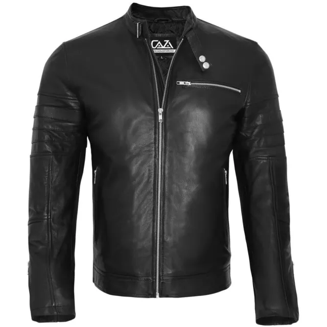 Mens Black David Beckham Real Leather Biker Jacket Vintage Cafe Racer Slim Fit