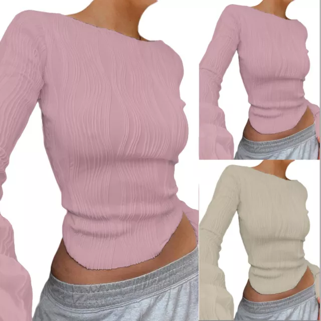 Women Sexy Slim Crop Shirt Long Sleeve Crewneck Fitted Tshirts Top Knit Cropped