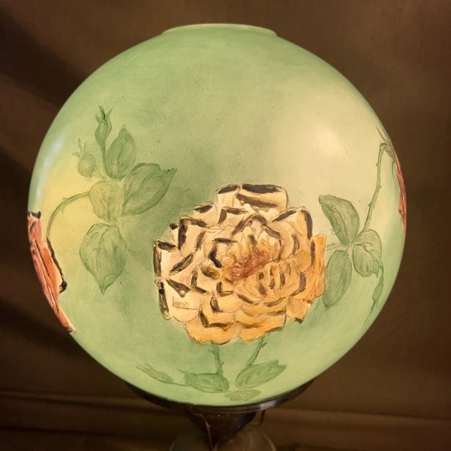 Vtg Hand Painted Green Yellow Red Roses Glass GWTW Lamp Shade 12”D  4” OD Signed