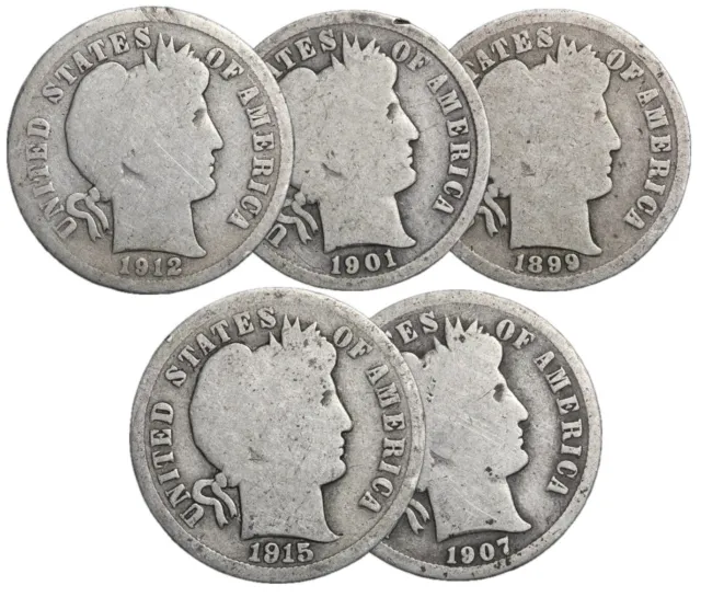 LOT OF 5 Different BARBER SILVER DIMES in G/VG (5 PC. LOT) CIRCULATED