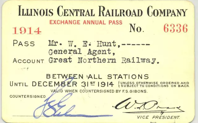 1914  IC Illinois Central Railroad employee pass - Great Northern Railway