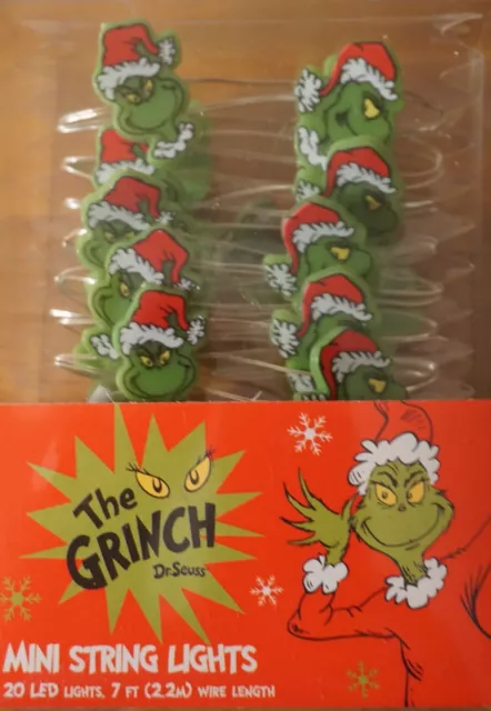 Mini Grinch String Lights 20 LED 7 Foot Long Christmas Tree Dr. Seuss Decor NEW