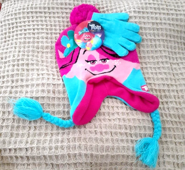 NWT DreamWorks Girls Trolls World Tour Knit Set Pom Pom Hat & Glove 4-8 y/old