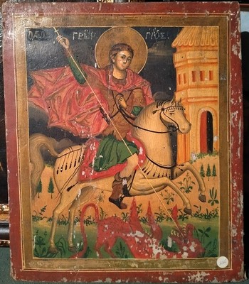 San Giorgio e Drago ANTICO DIPINTO '800 olio fondo oro tavola quadro sacro icona 