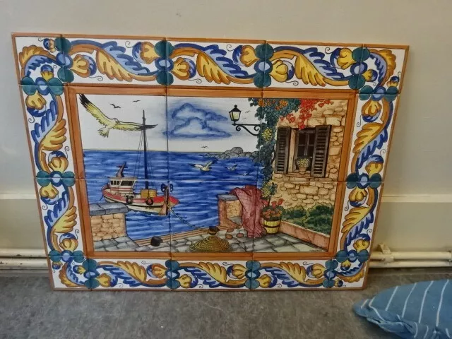 Vintage Ceramic Picture Tiles Painted Sea & Boat Scene Majolica Spanish theme