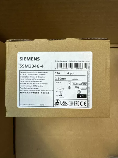 Siemens allstromsensitiv 5SM3346-4 FI-Schutzschalter 63A 30mA 0,03A Typ-B 4-pol