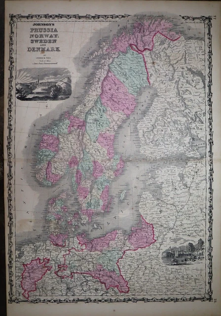 1862 Johnson's Atlas Map ~ SWEDEN - NORWAY ~ (XL18x28)   Free S&H  -#851