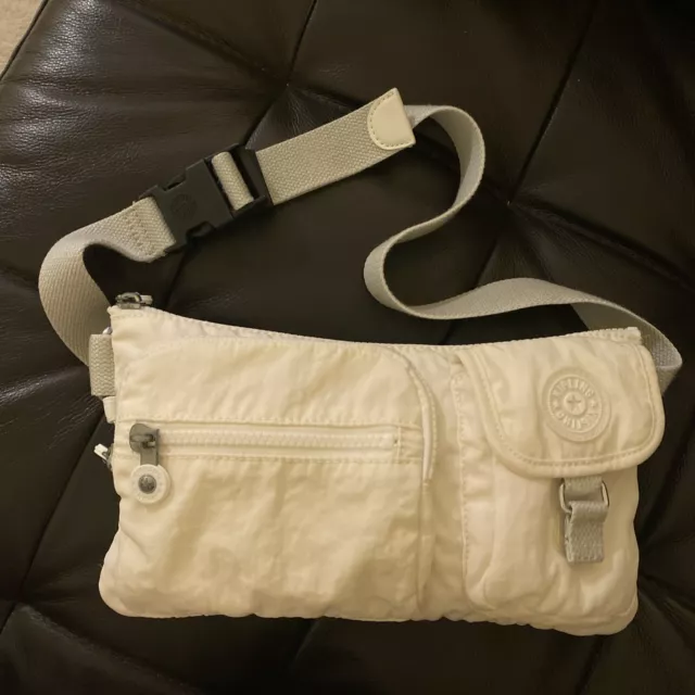 Used Kipling White Presto Fanny Pack Belt Bag White Washable Hiking Trips Gray