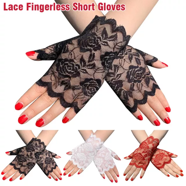 Ladies Short Lace Gloves Black Red White 80s Fancy Dress Gothic Halloween Half