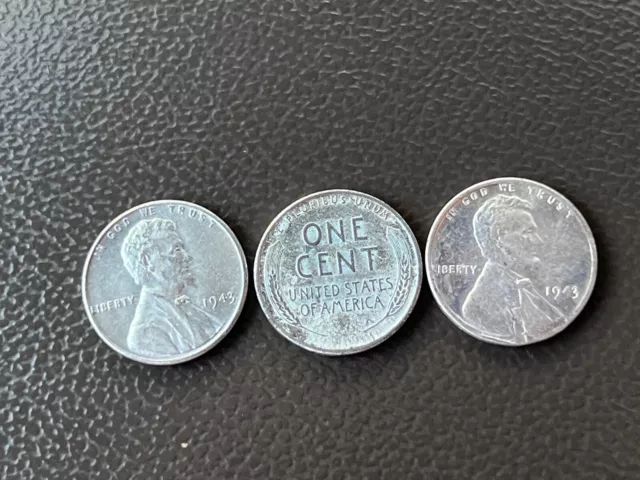 1943 P Lincoln Wheat Cent Steel Penny 3 Coin Set Very Nice Looking Coins Lot