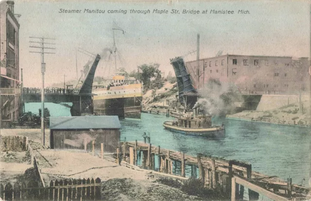 SHIP Manistee MI 1908 STEAMER Tug & Tow Boat John C. Mann PULLING THE SS MANITOU