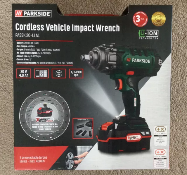 Parkside Cordless Vehicle Impact Wrench 20V Bare with Case & Sockets 400Nm 1/2”
