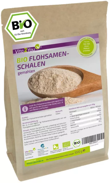 Vita2You Bio Flohsamenschalen gemahlen 99% Reinheit - 1kg - Flohsamen-Mehl