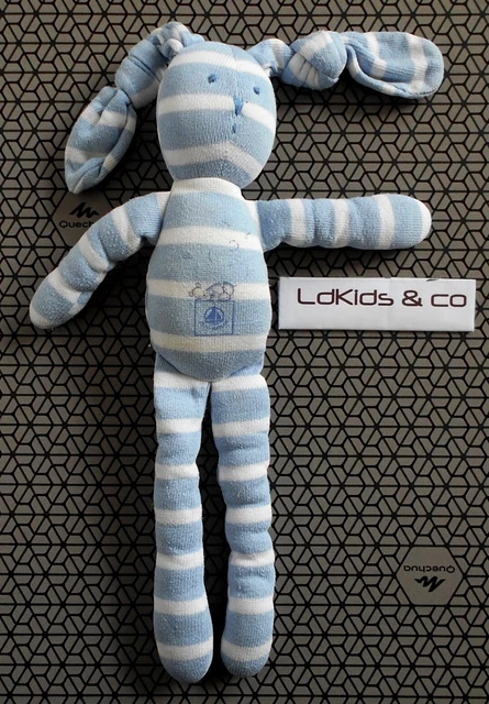 DOUDOU PELUCHE PETIT BATEAU LAPIN BLANC BLEU CLAIR RAYE - 28 cm D1460