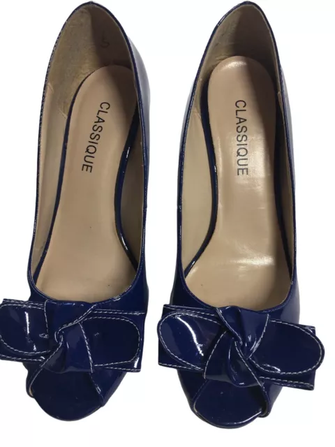 Classique Blue Patent Leather Bow Peep Toe Heels Pumps Size 8.5