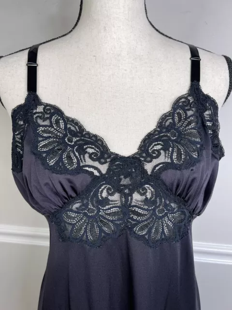 Shadowline 38 Vintage Lingerie Dress Full Slip Black lace back slit sexy