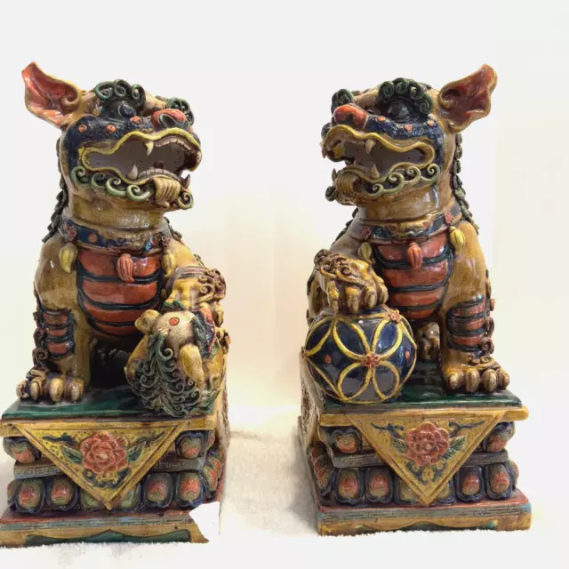 Antique Large Foo Fu Dogs Old Chinese Dynasty 15”h Ceramic Pair Glazed READ