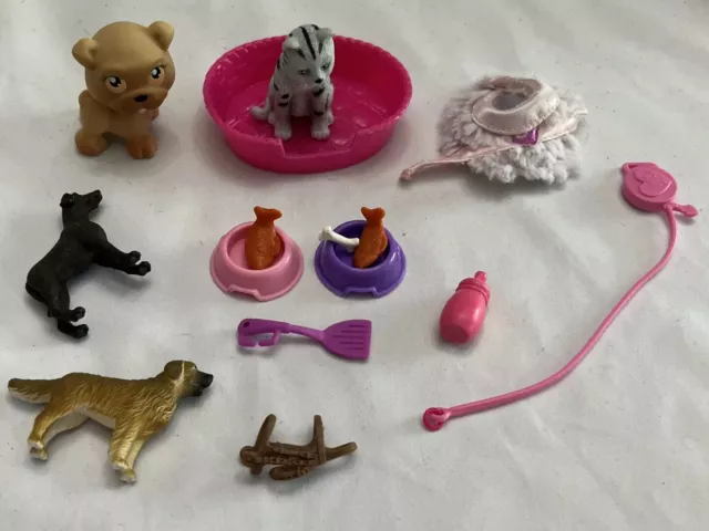 Barbie Doll Pet Animals Cat Dogs Bowls Bed Vet Fish Bone Baby Bottle Lot Of 15