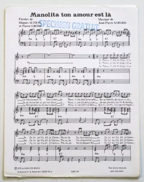 Partition vintage sheet music HUGUES AUFRAY : Manolita Ton Amour Est Là * 70's